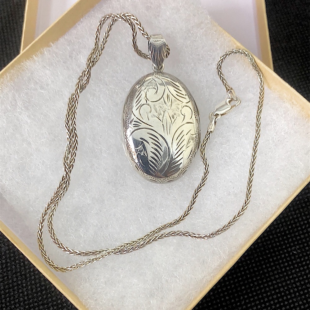 Sterling Silver Engraved Locket on Sterling Silver Wheat Chain Necklace